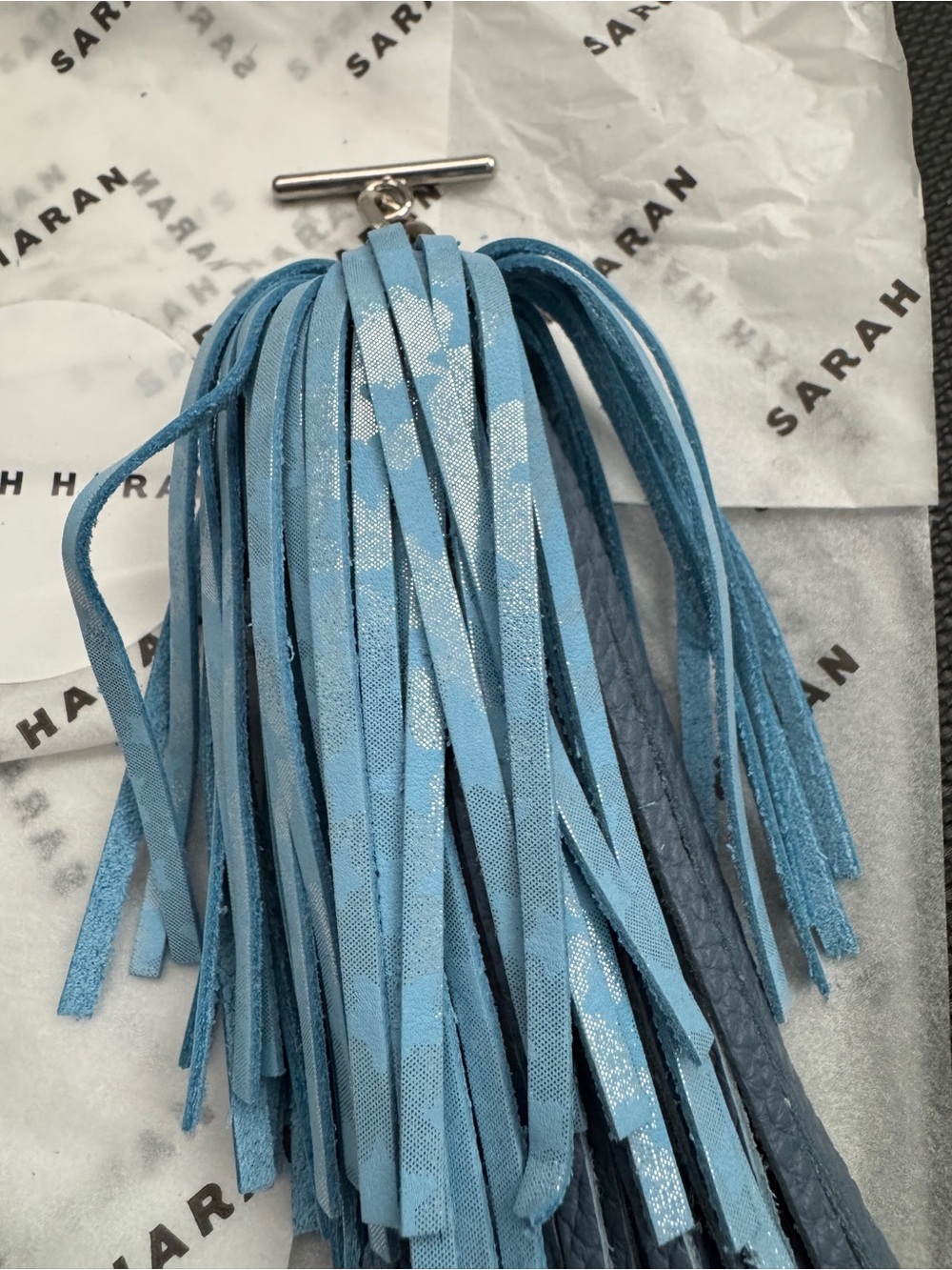 Sarah Haran Blue Leather Double Pom Pom Bag Charm